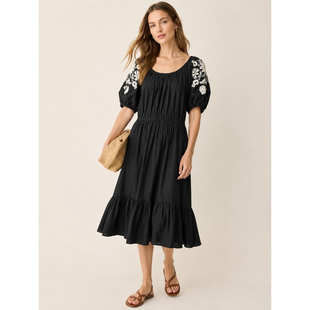 Knox Rose Womens Embroidered Puff Sleeve Midi Dress XL Boho Cottagecore Black